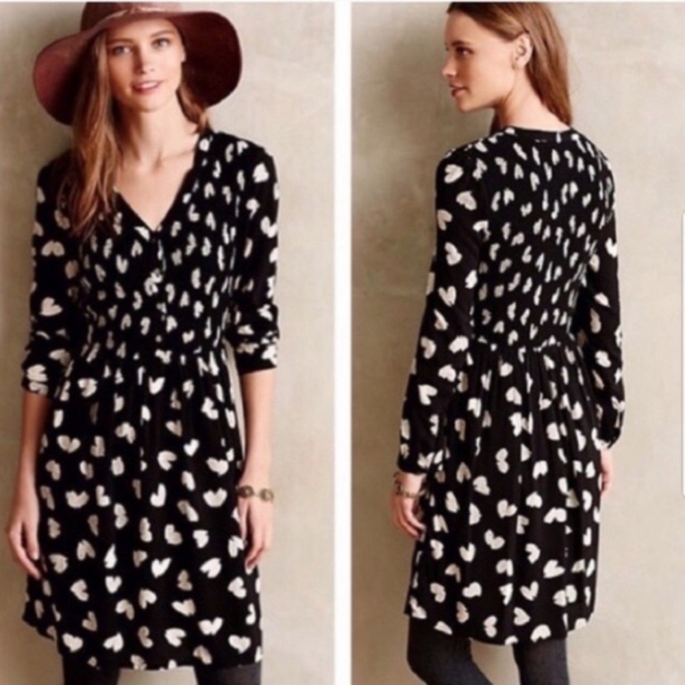 Maeve for Anthropologie Black Smocked Dress with Abstract White Heart Print XS